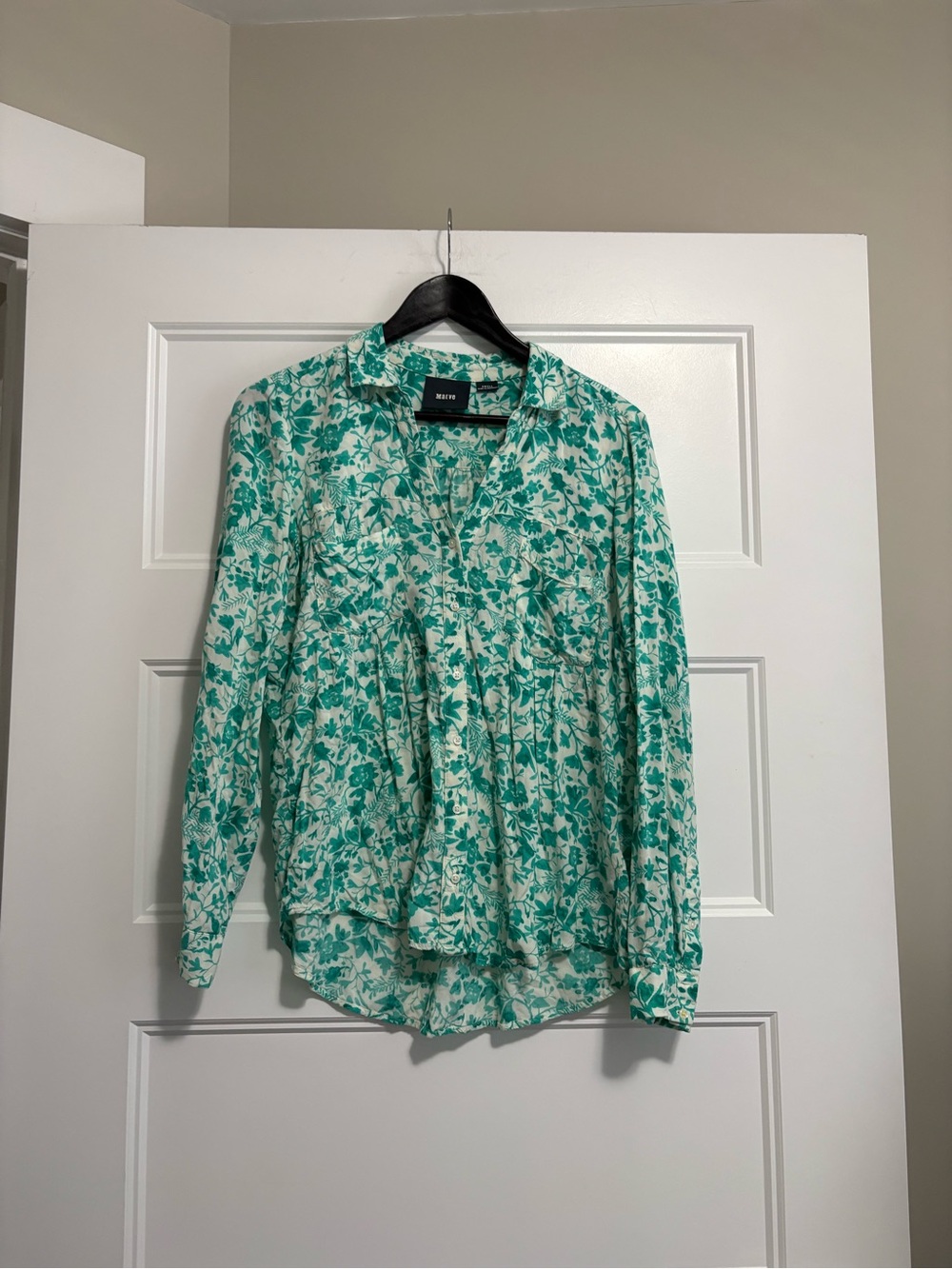 Anthropologie White and Teal Floral Button-Front Blouse sz Small